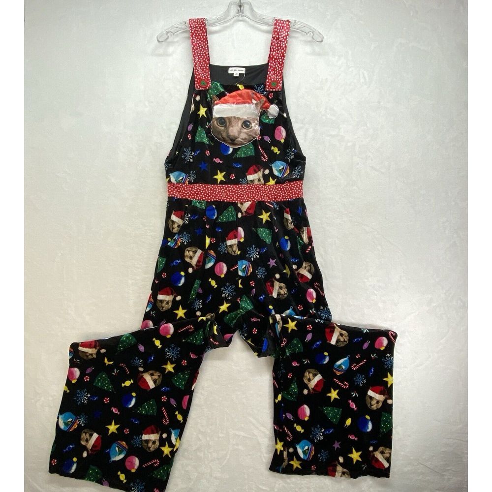Love On A Hanger Overalls Women's Medium Black Christmas Kitty Cat Velour‎